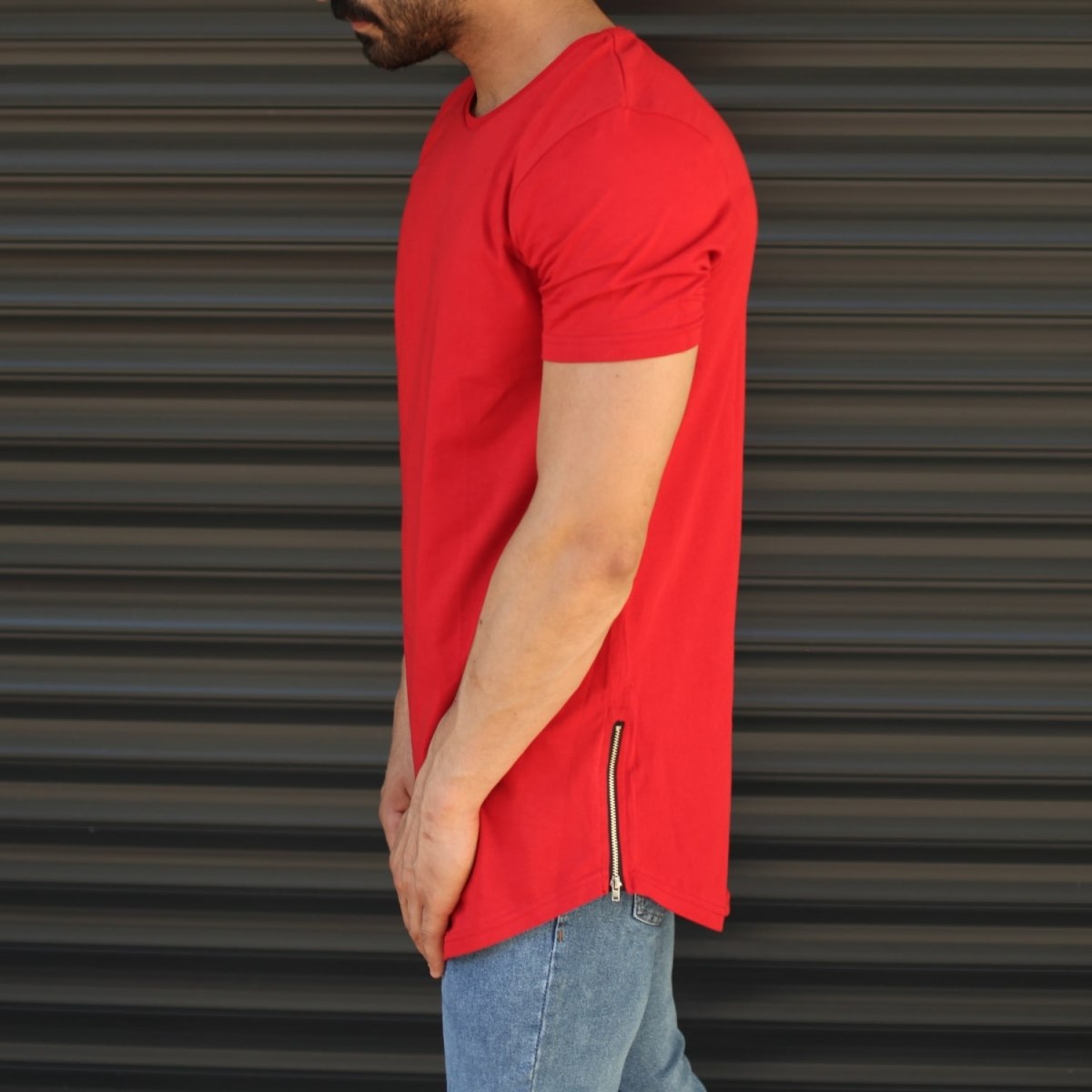 Men's Longline Round Neck T-Shirt With Zipper In Red - 4