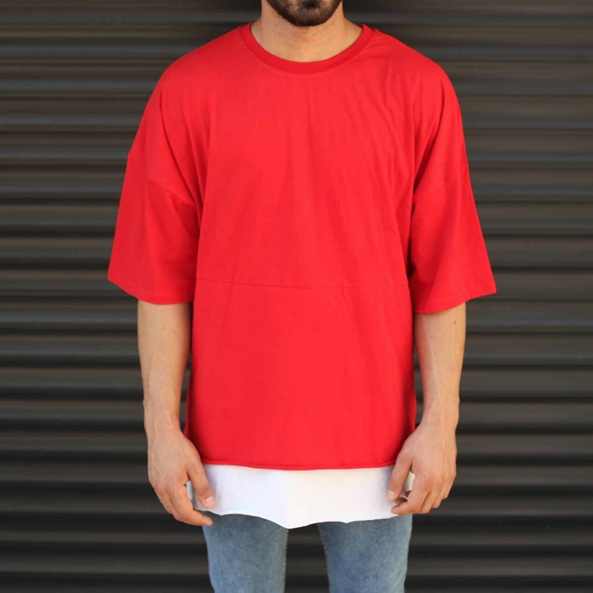 Men's Oversized Round Neck T-Shirt With Zipper Detail Red - 1