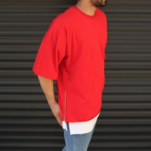 Men's Oversized Round Neck T-Shirt With Zipper Detail Red - 3