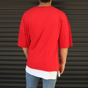 Men's Oversized Round Neck T-Shirt With Zipper Detail Red - 4