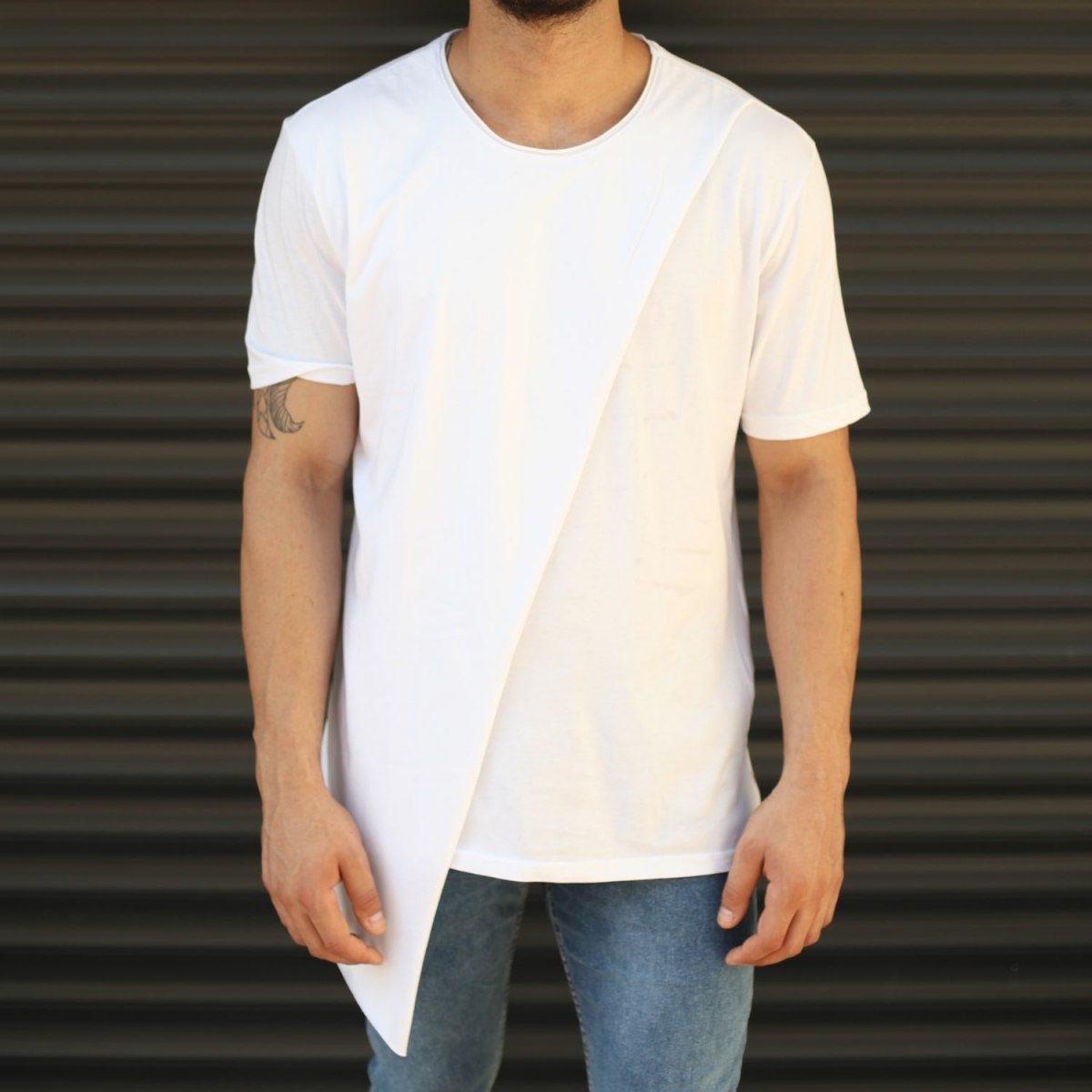 Men's Cross-Pieced Round Neck T-Shirt In White - 1
