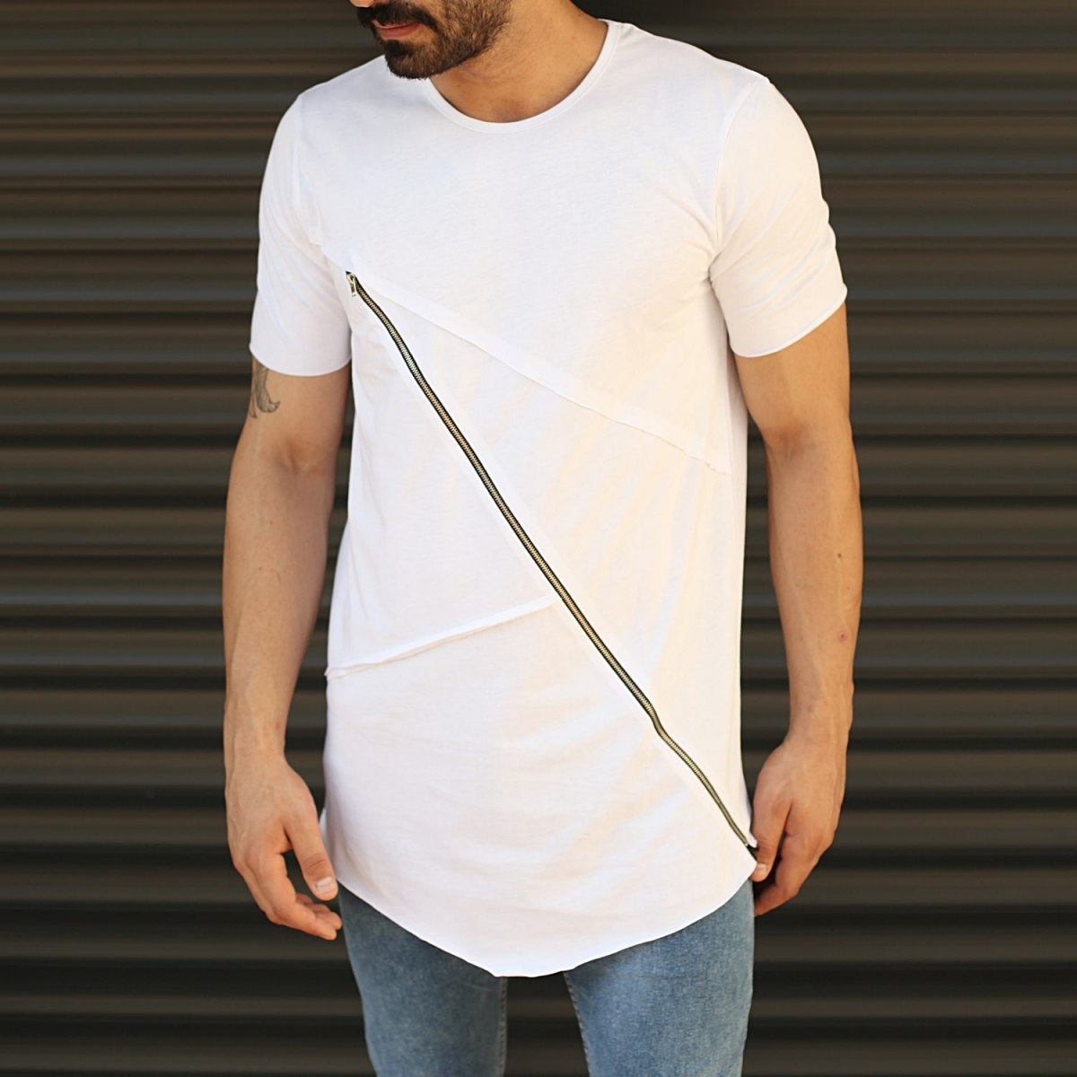 Men's Fitted Cross Zipper Tall T-Shirt White