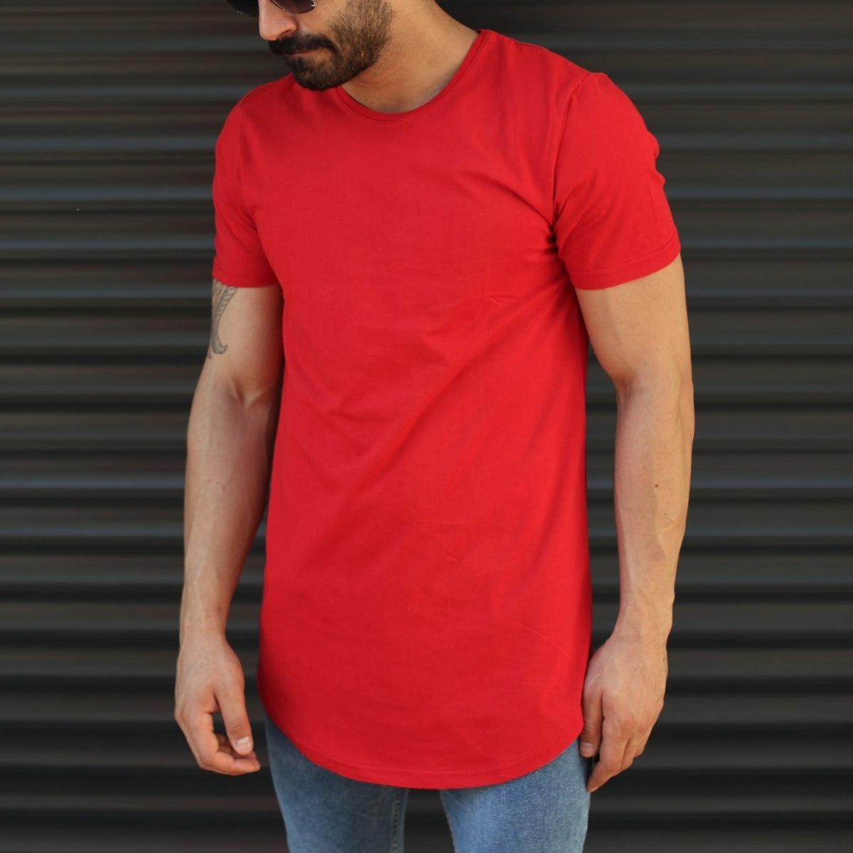 Men's Longline Round Neck T-Shirt In Red - 1