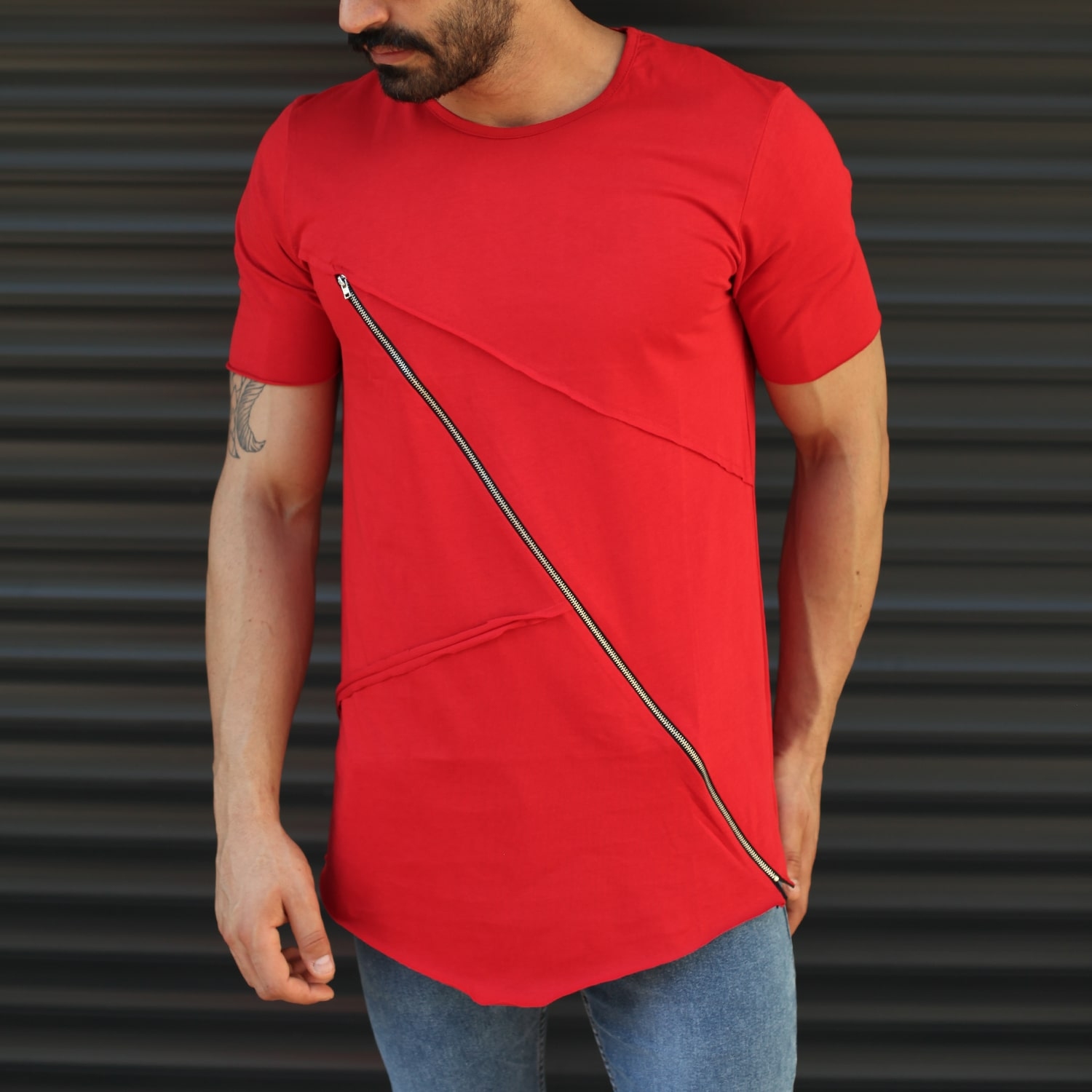 Men's Fitted Cross Zipper Tall T-Shirt Red
