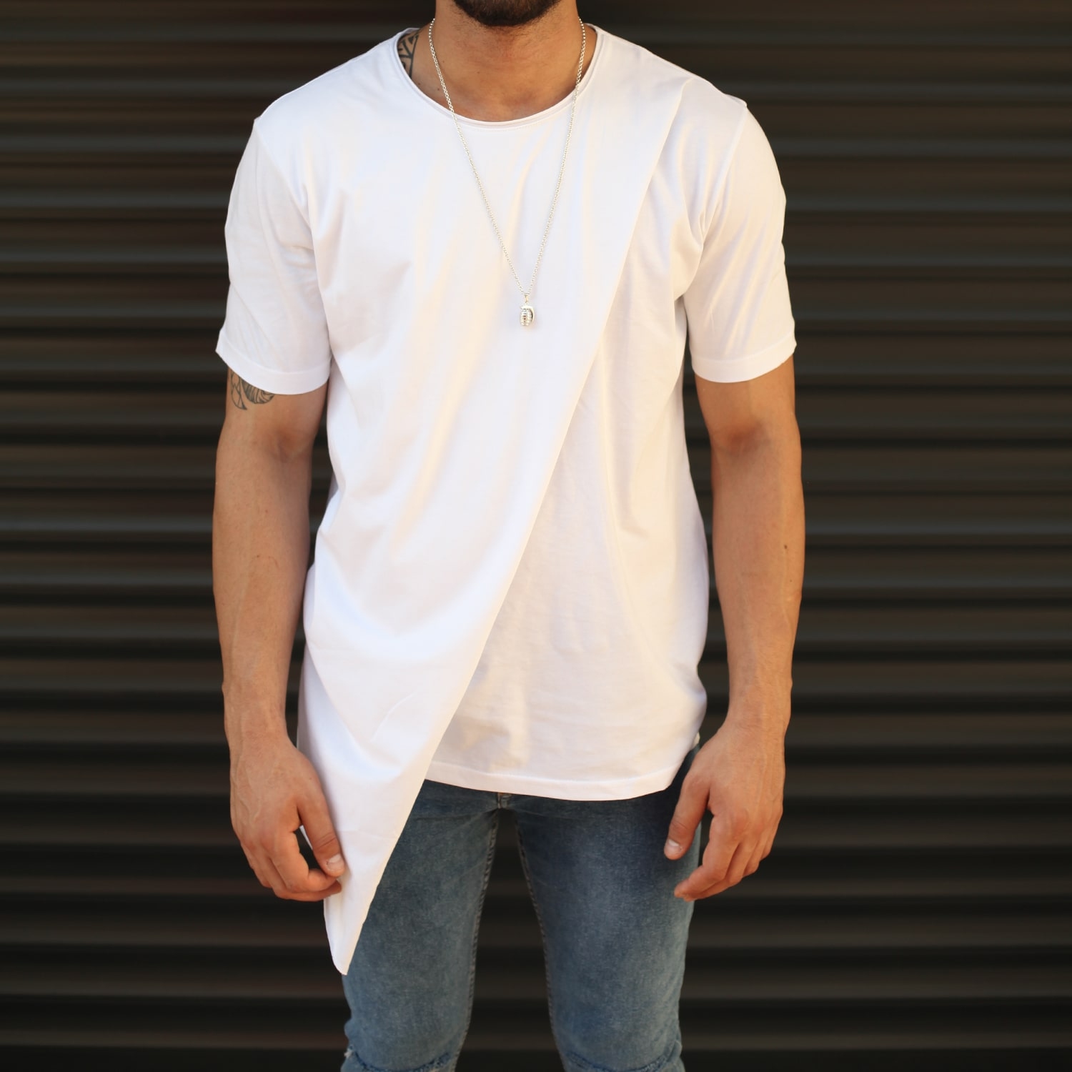 Men's Geometric Cut Longline T-Shirt White