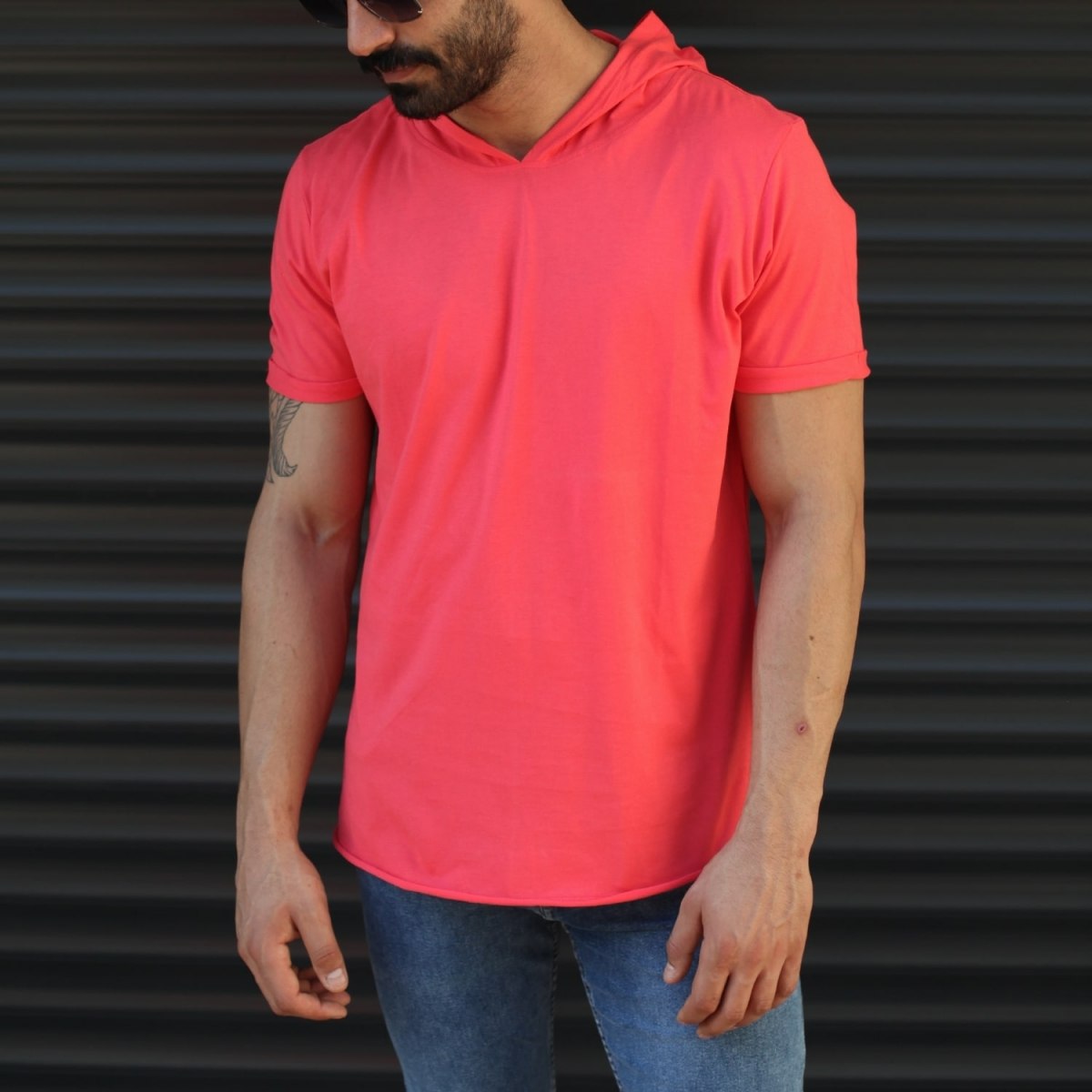 Men's Hooded Longline Basic T-Shirt Fuchsia - 1