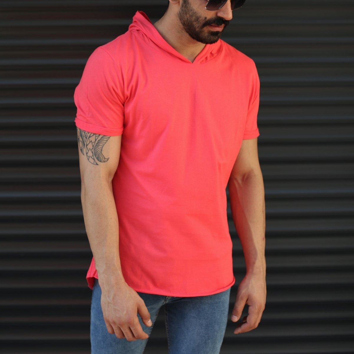 Men's Hooded Longline Basic T-Shirt Fuchsia - 2