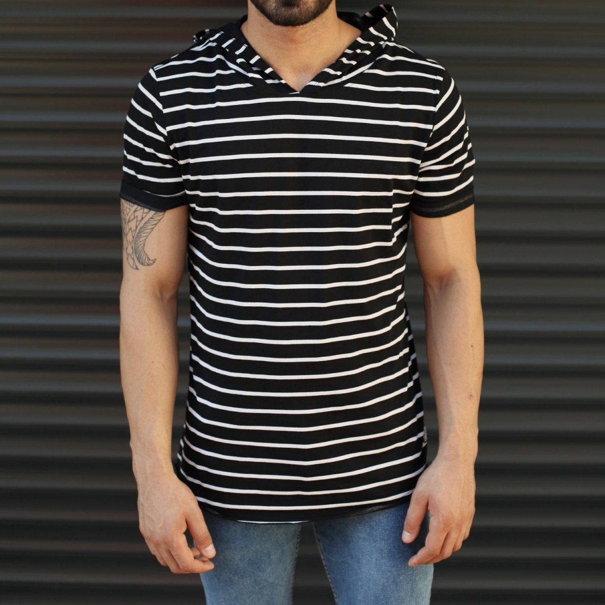 Men's Hooded Longline Striped T-Shirt Black - 1