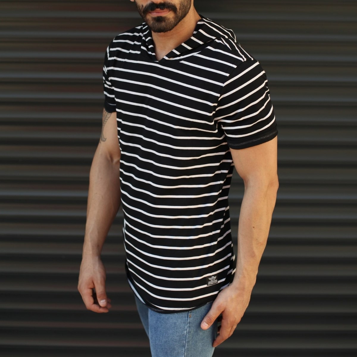 Men's Hooded Longline Striped T-Shirt Black