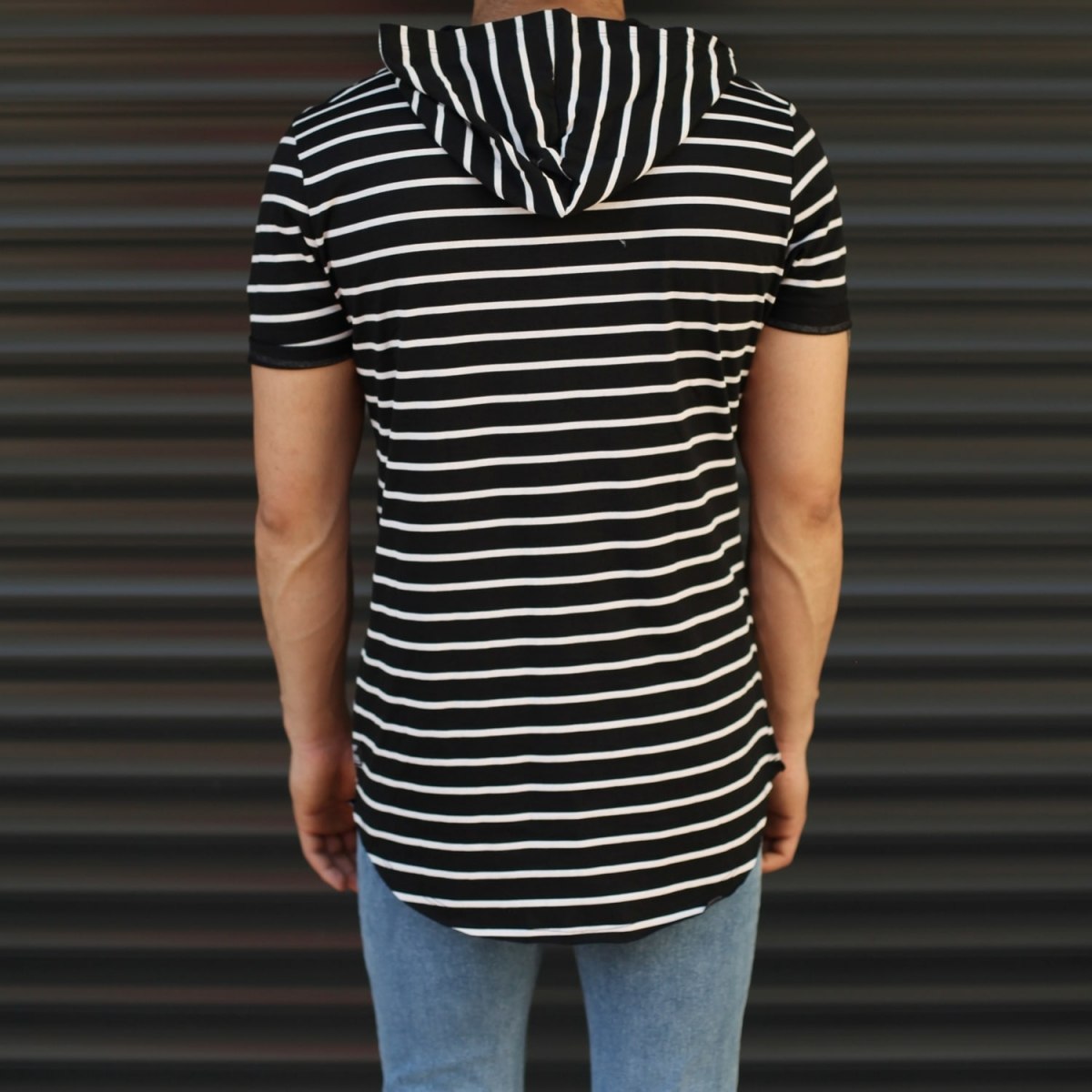Men's Hooded Longline Striped T-Shirt Black