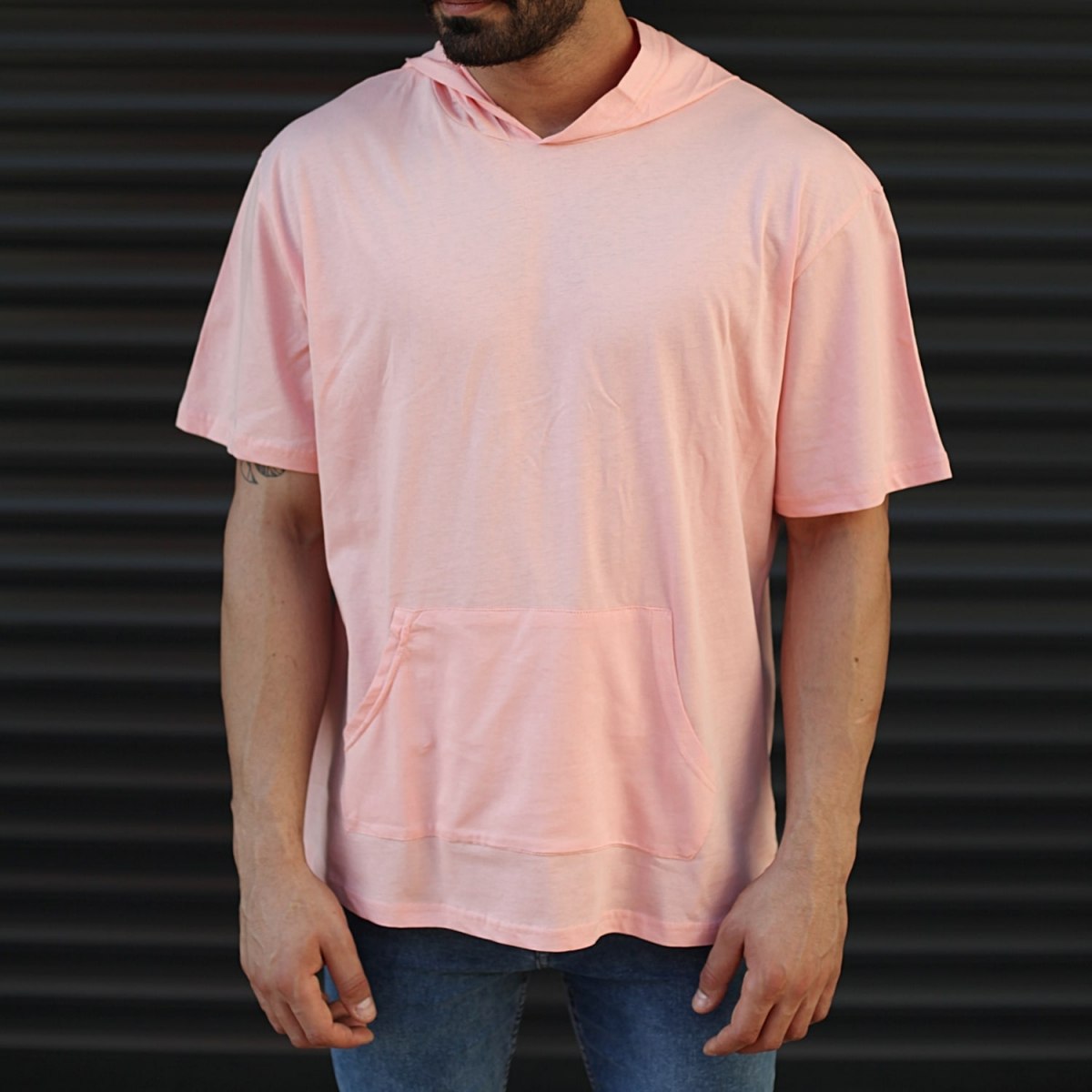 Men's Hooded Short Sleeve T-Shirt With Pockets Pink