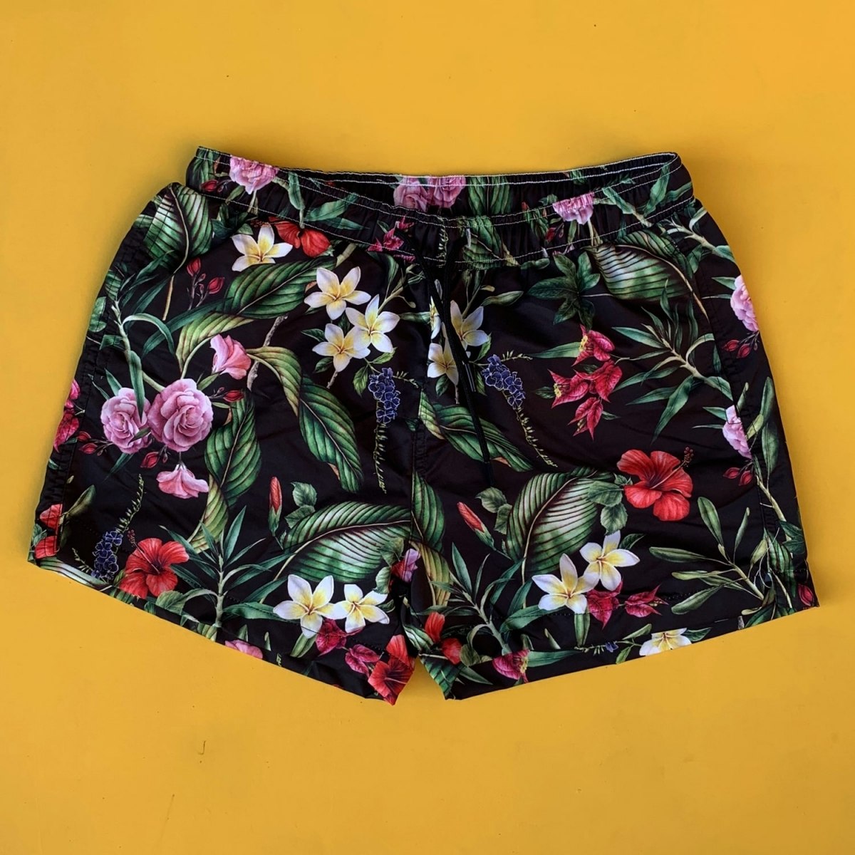 Men's Floral Leaf Patterned Natural Short Swim Shorts Black