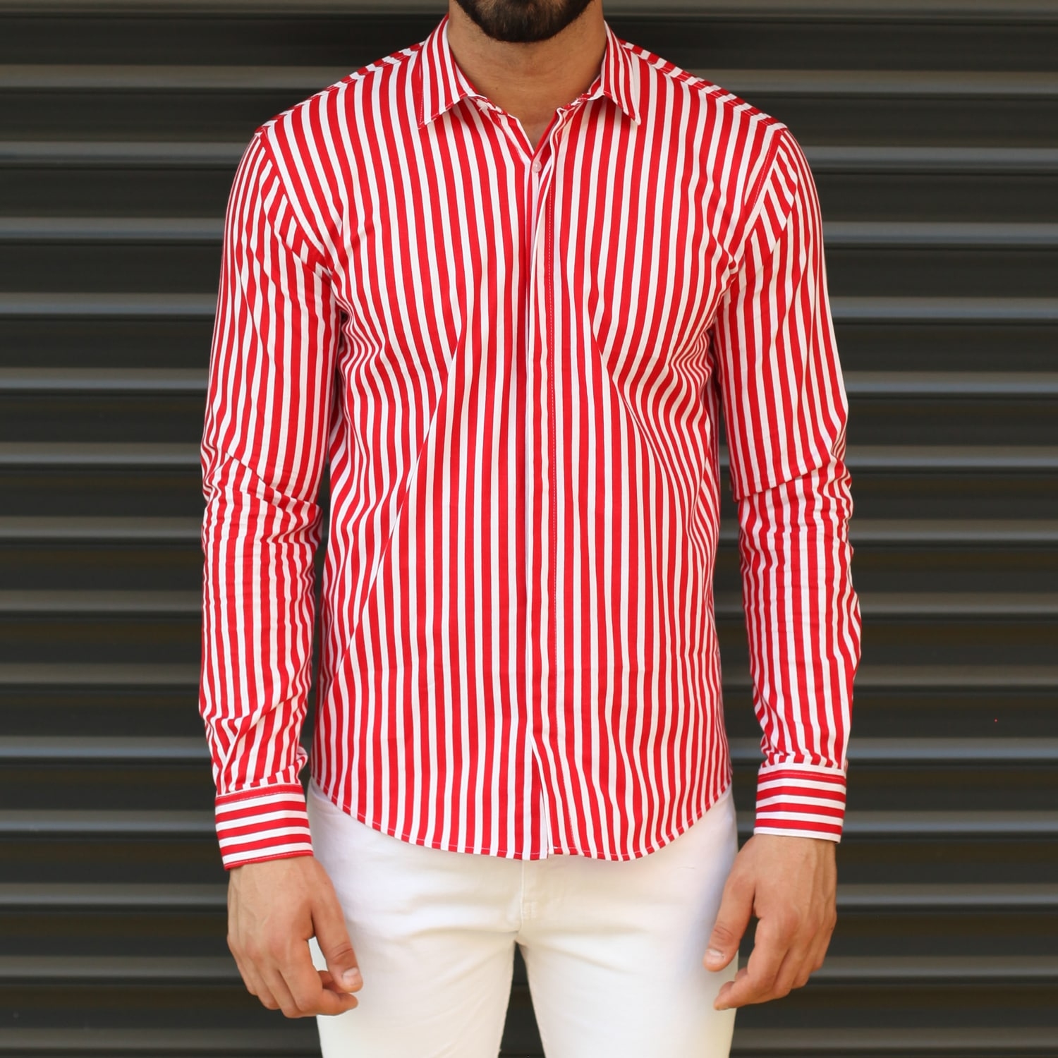 Men's Striped Slim Fit Casual Shirt In Red