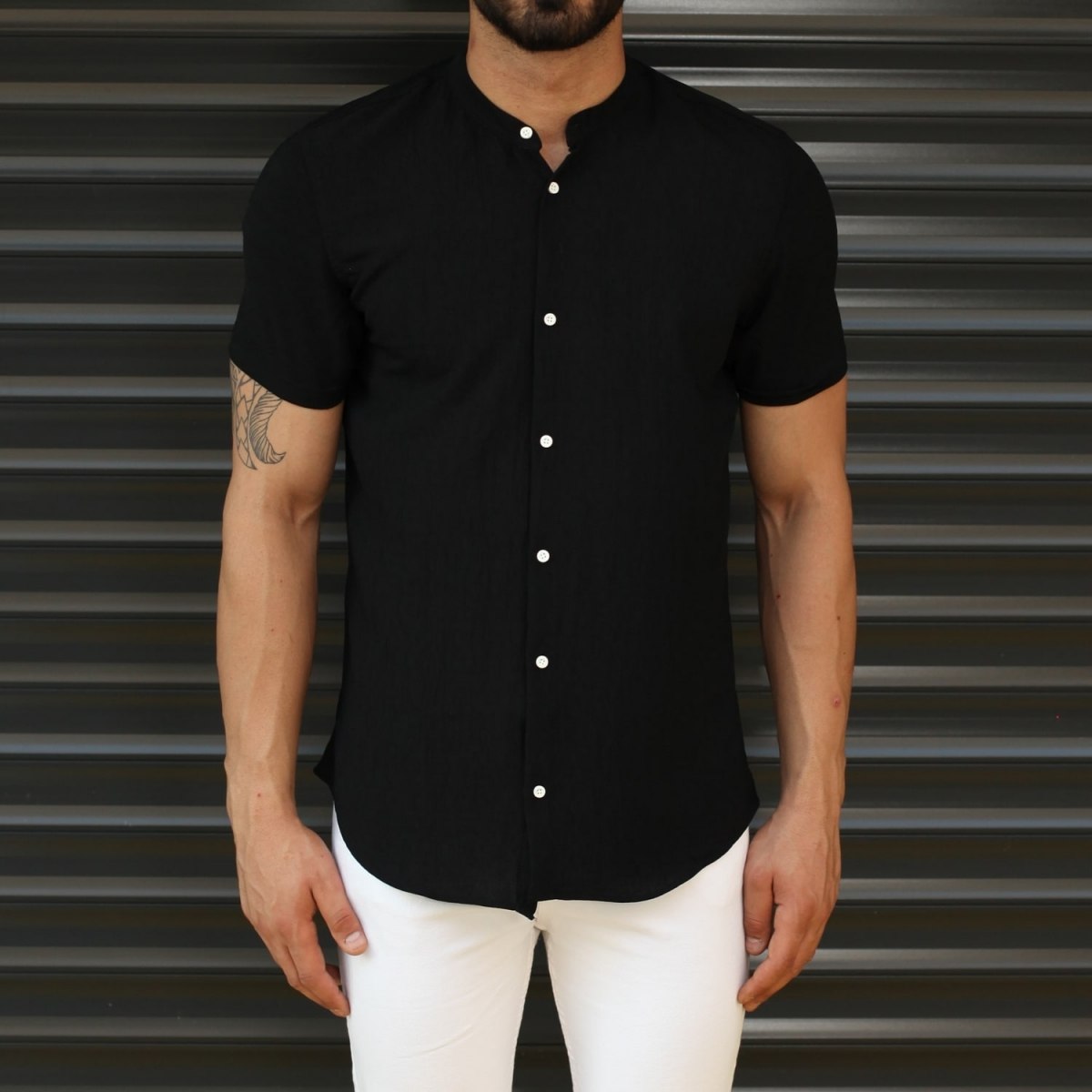 Men's Short Sleeve Grandad Collar Shirt In Black