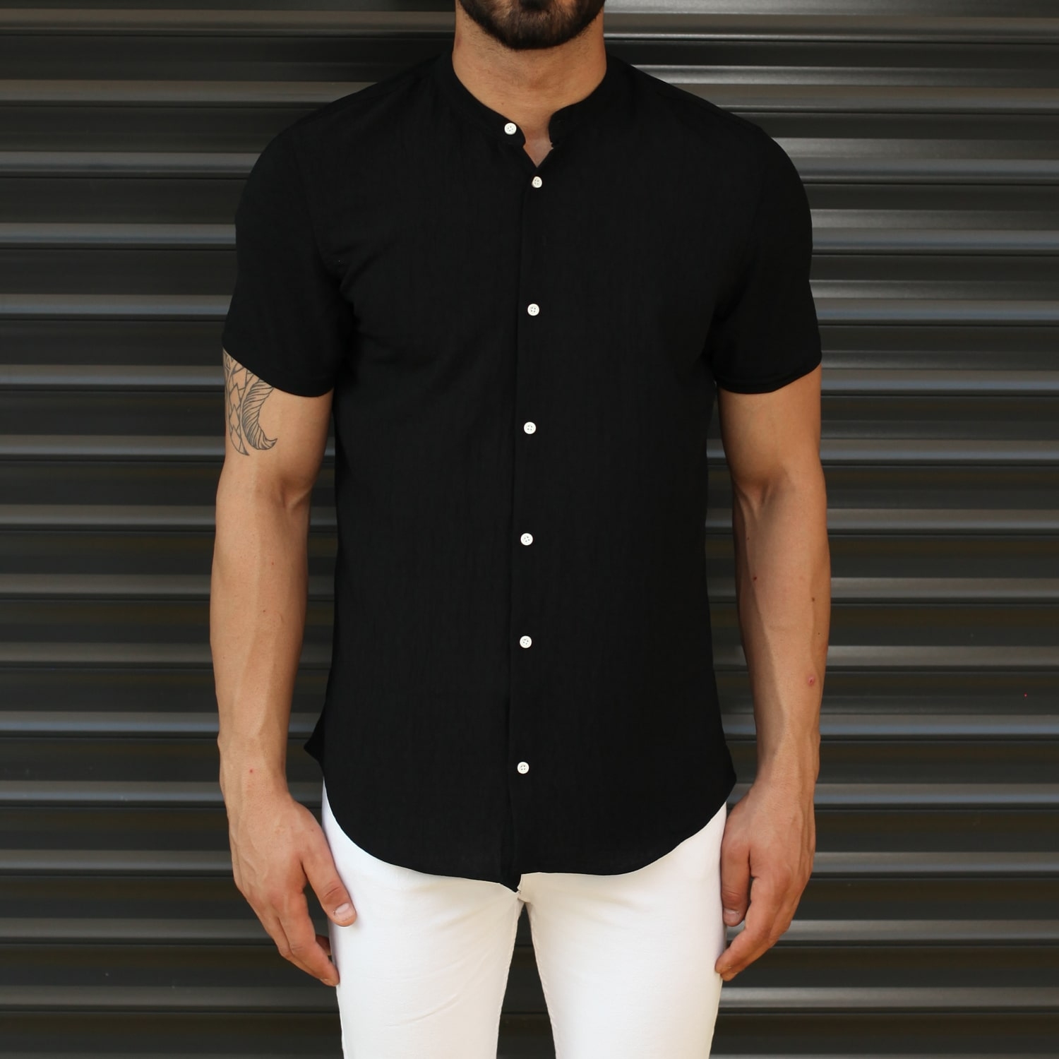 Men's Short Sleeve Grandad Collar Shirt In Black
