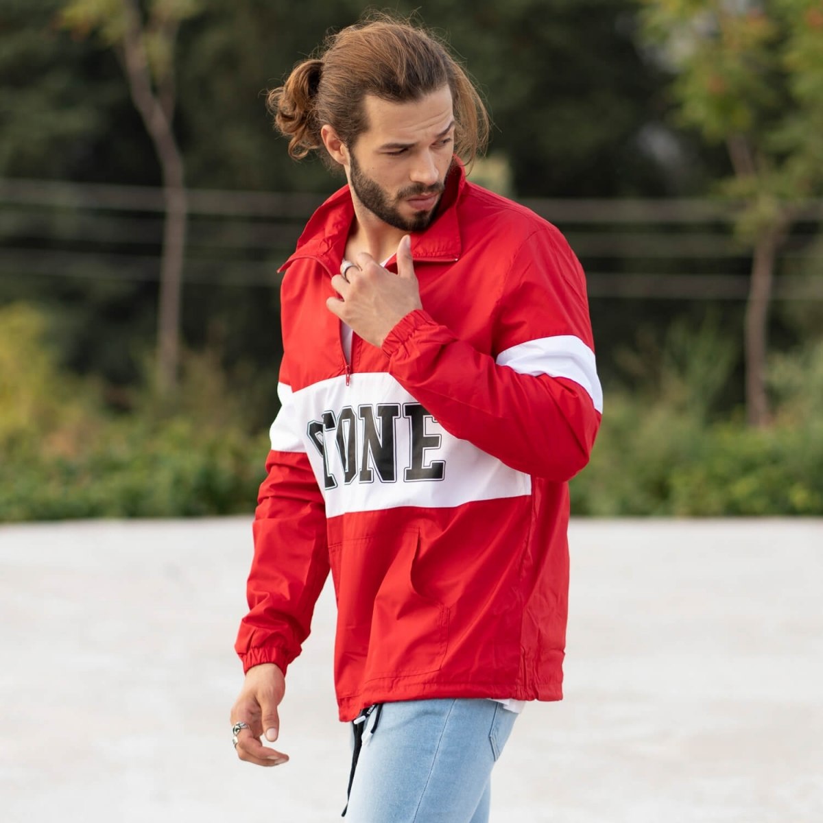 MV Autumn Collection Rainproof Hoodie in Red with Pattern | Martin Valen