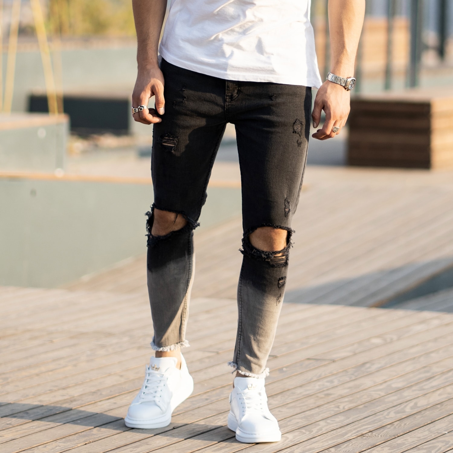 Men's Smoked-Gray Ripped Jeans
