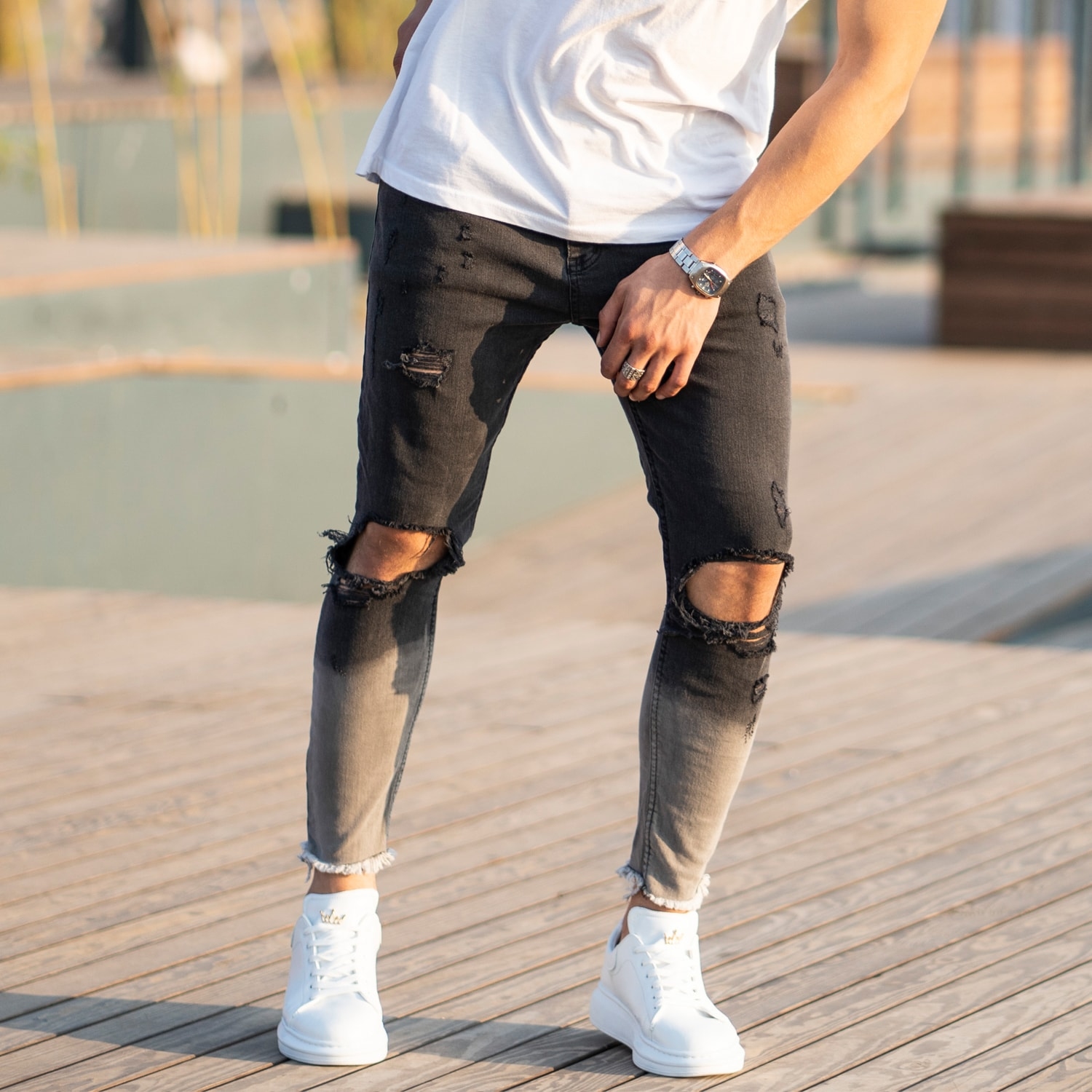 Men's Smoked-Gray Ripped Jeans
