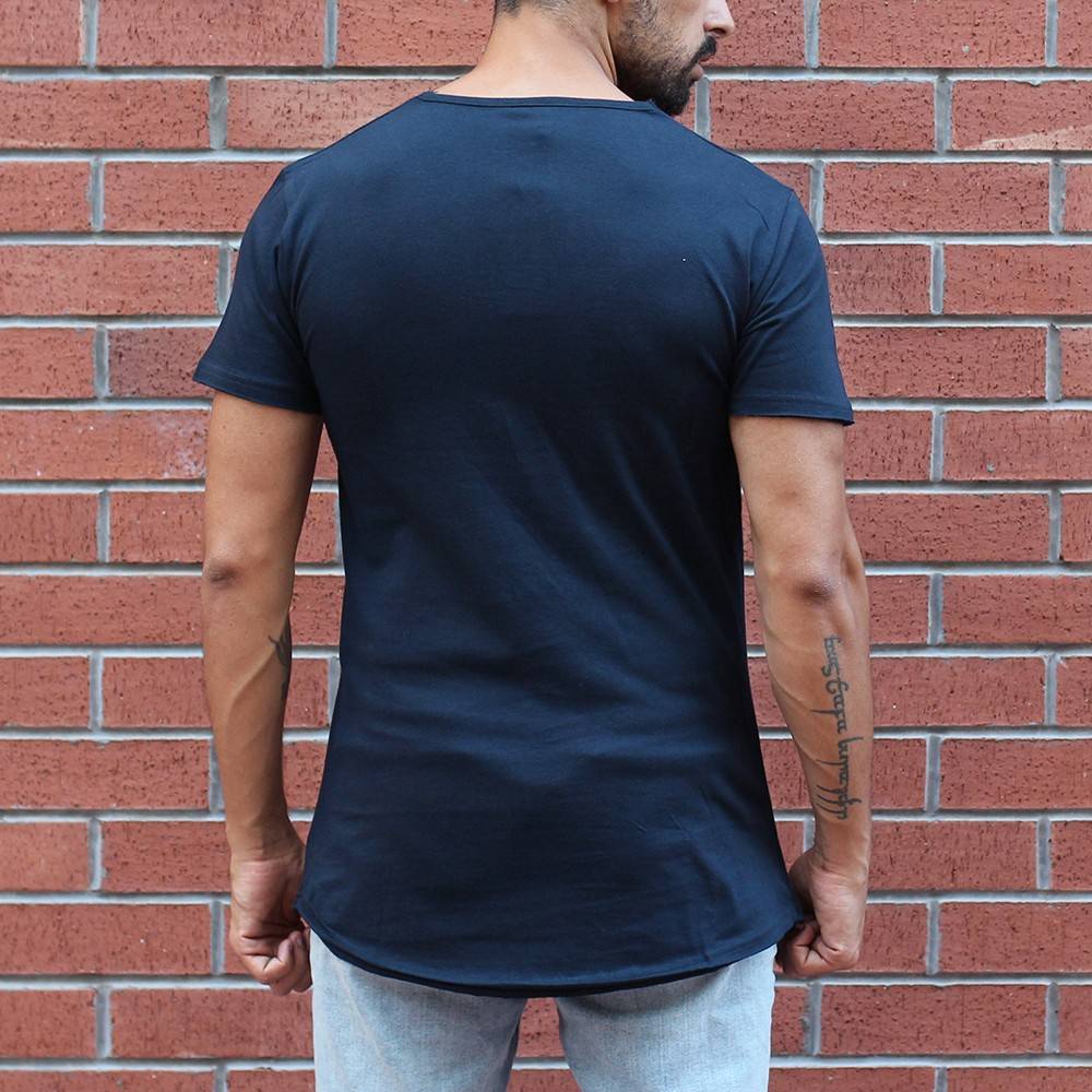 Men's Button Round Neck Oversized T-Shirt Navy
