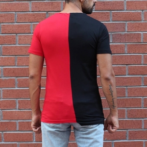 Men's Round Neck Split Color T-Shirt Black&Red - 2