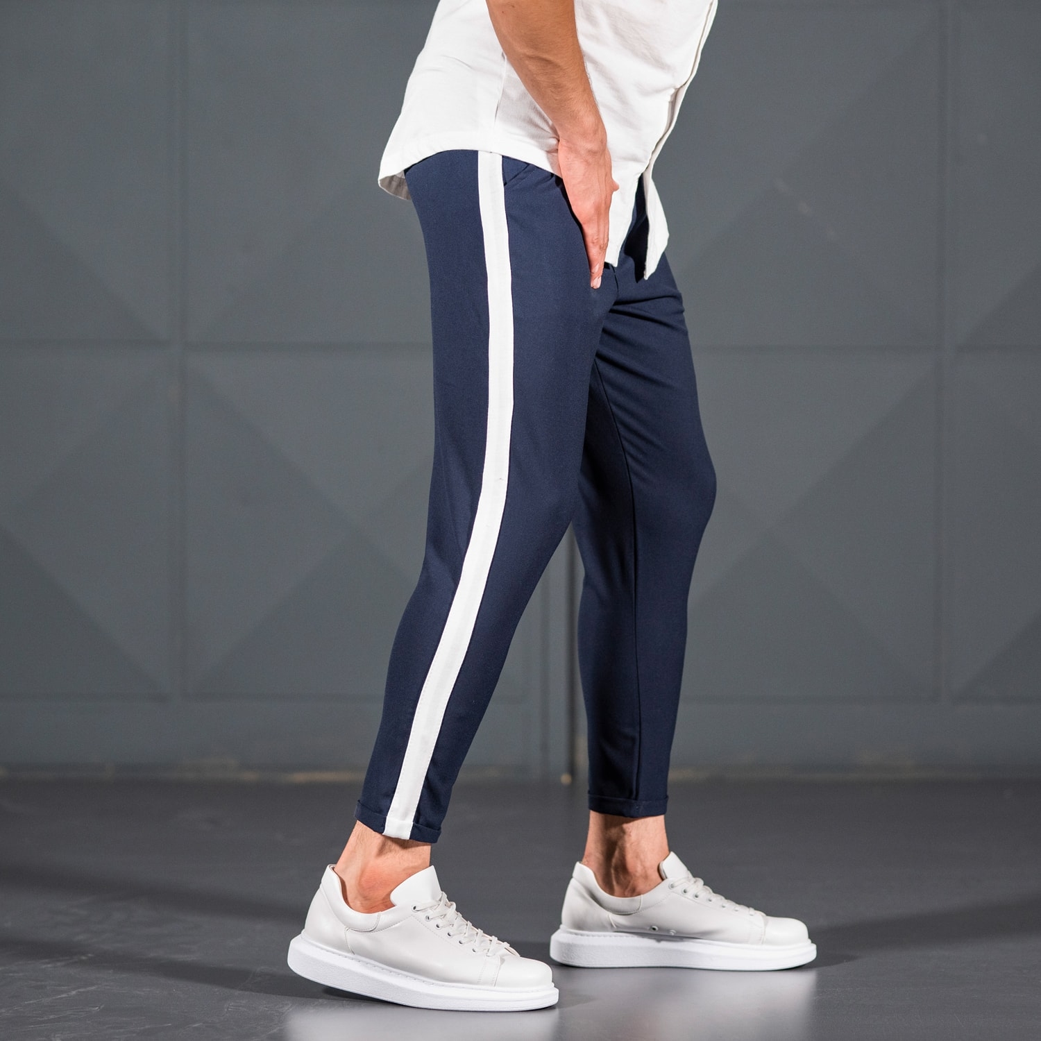 navy blue and white striped pants