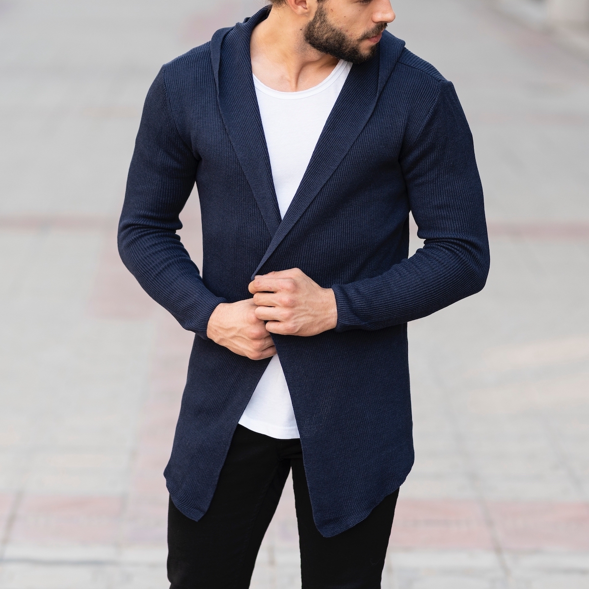 Hooded Style Navy Blue Cardigan