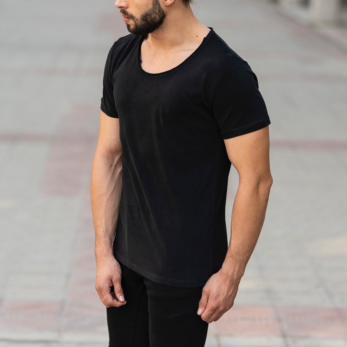Croped Collar Black T-Shirt
