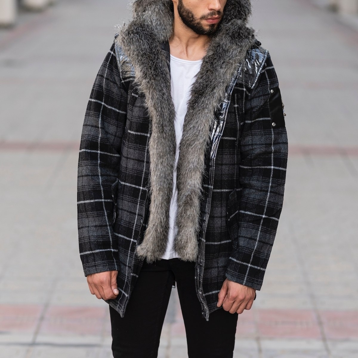 Furry Plaid Jacket With Hood - 1