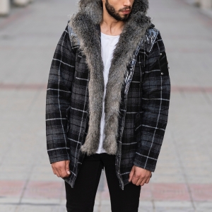 Furry Plaid Jacket With Hood