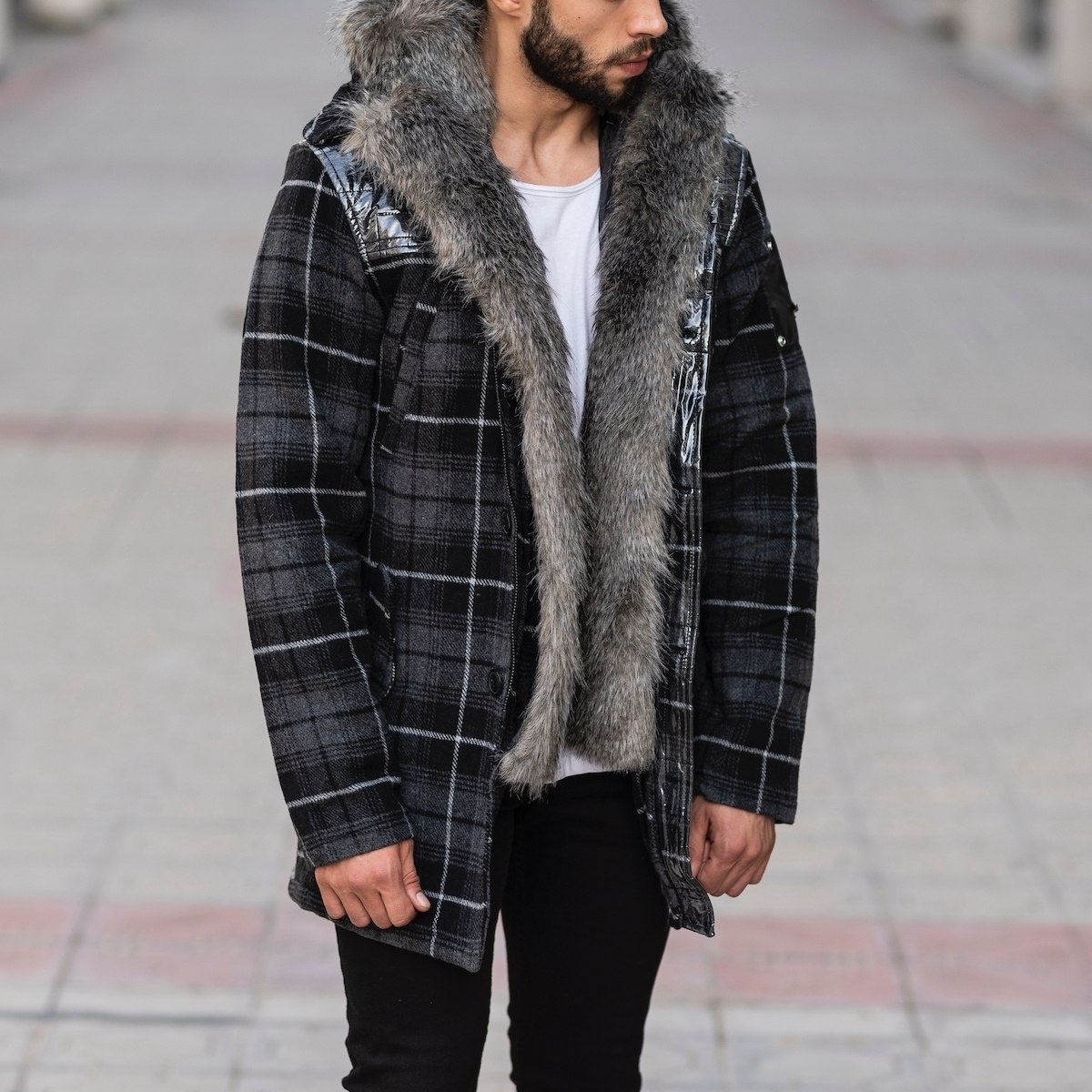 Furry Plaid Jacket With Hood