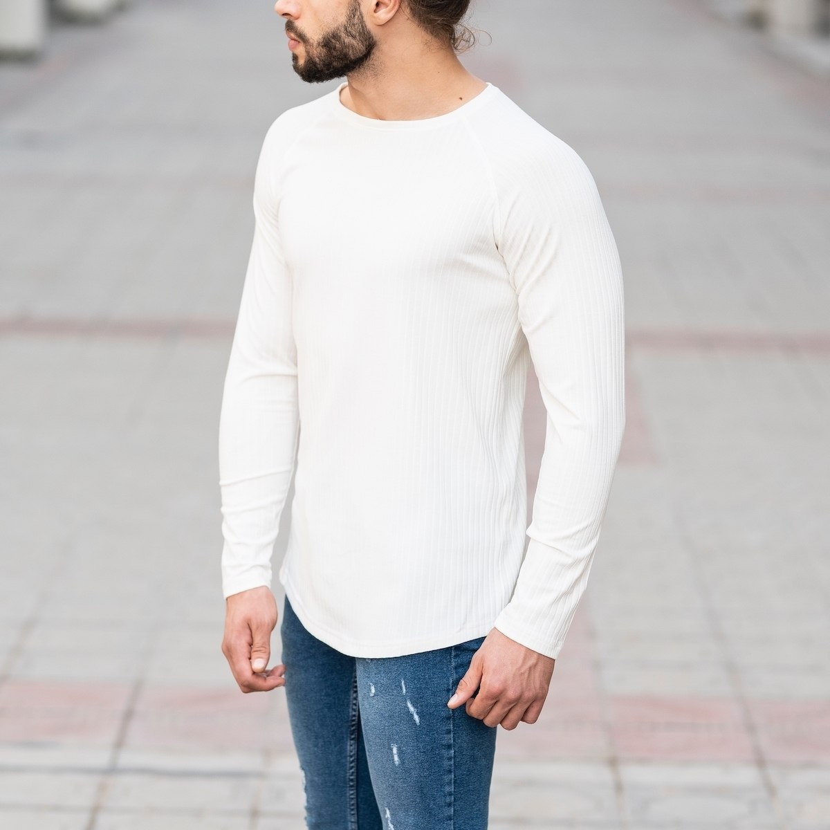Herren Sweatshirt mit Streifenmuster in weiß - 3