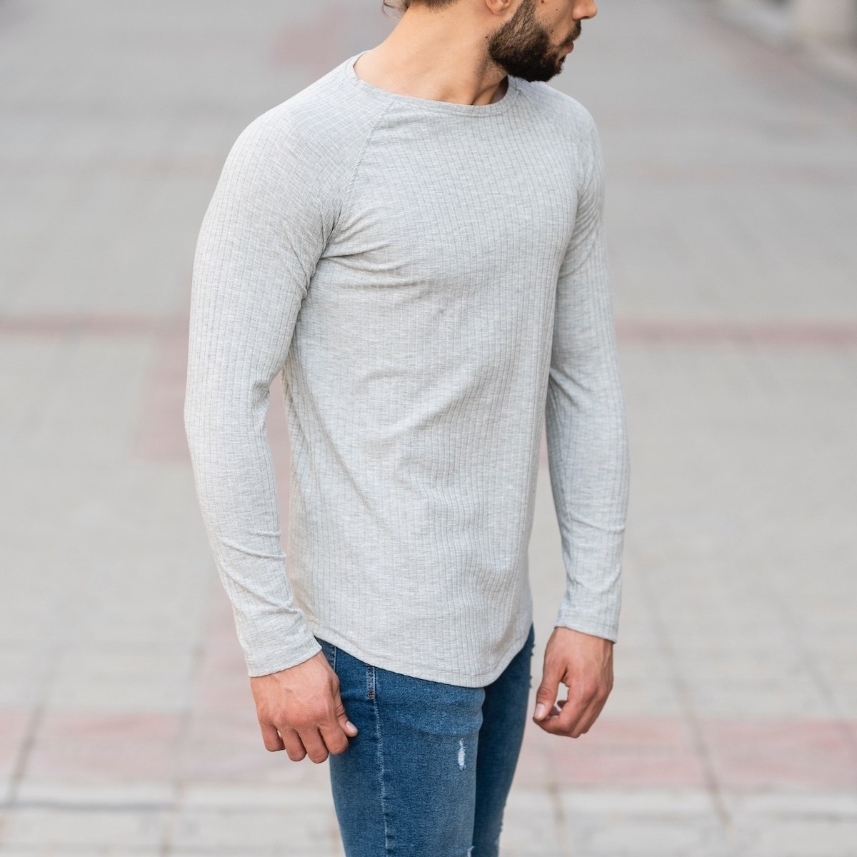 Stone Gray Sweatshirt With Stripe Details - 2