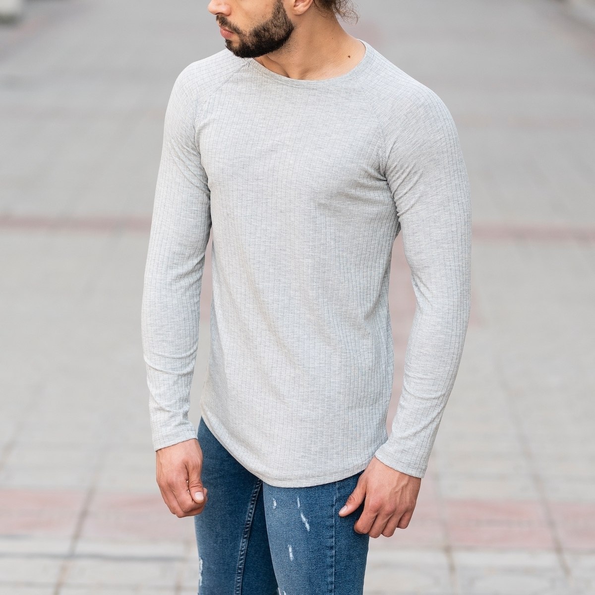 Stone Gray Sweatshirt With Stripe Details - 3