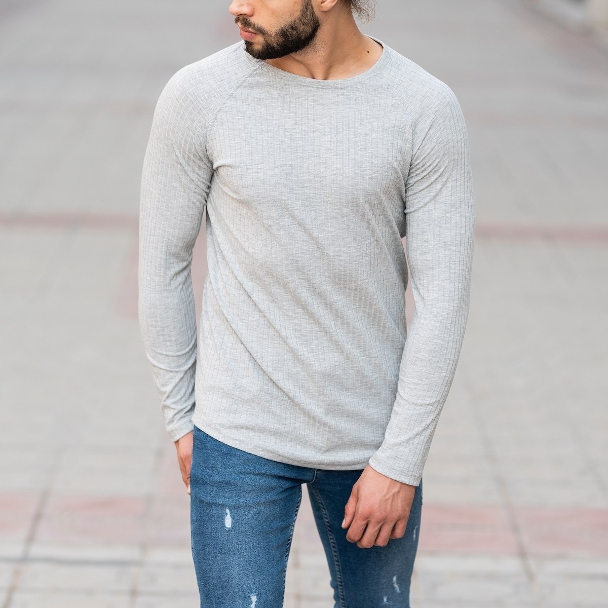 Stone Gray Sweatshirt With Stripe Details - 4