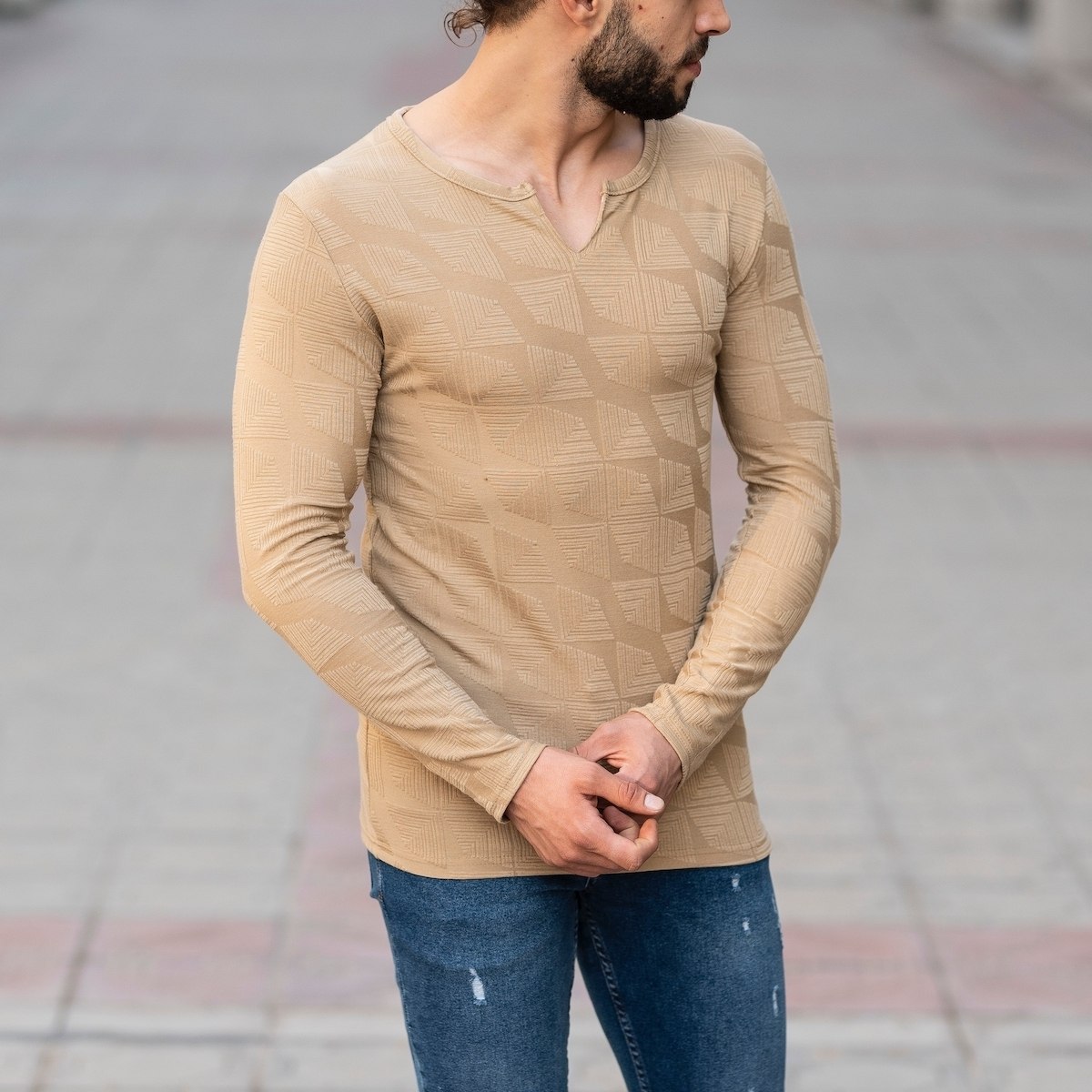 Geometric Detailed Sweatshirt In Camel