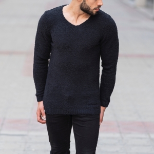 Herren Sweatshirt mit V-Kragen in schwarz - 1