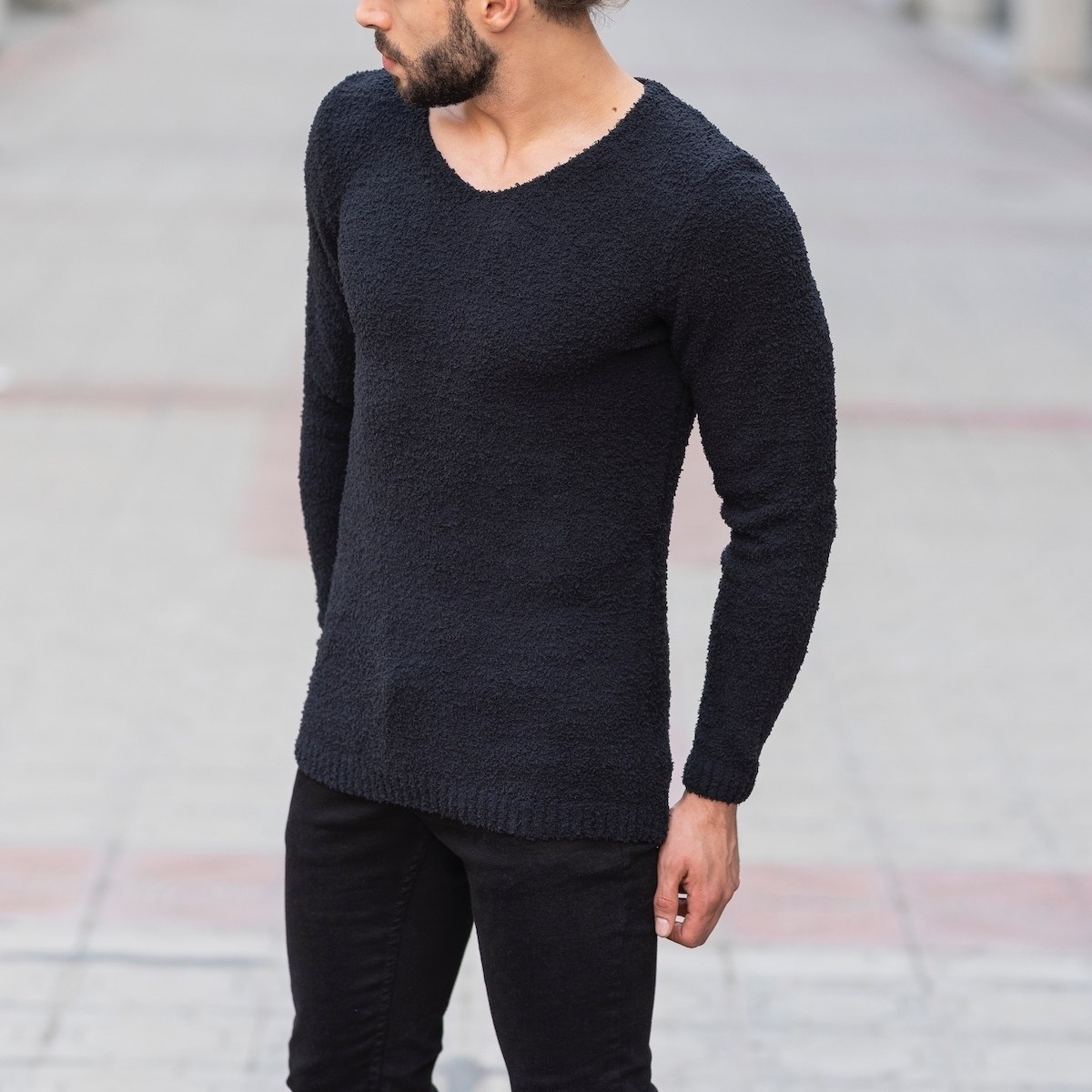 Herren Sweatshirt mit V-Kragen in schwarz - 3