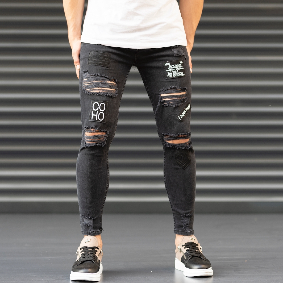 Men's Coho Patchwork Jeans With Heavy Rips In Black