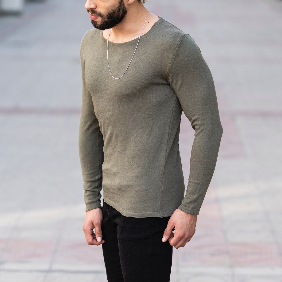 Slim-Fitting Classic Round-Neck Sweater in Khaki