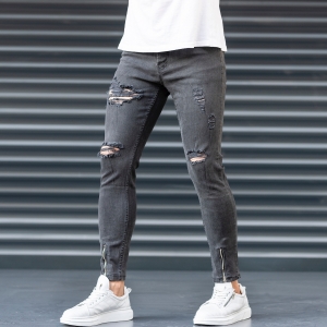 Men's Jeans With Rips In Smoked Gray - 2