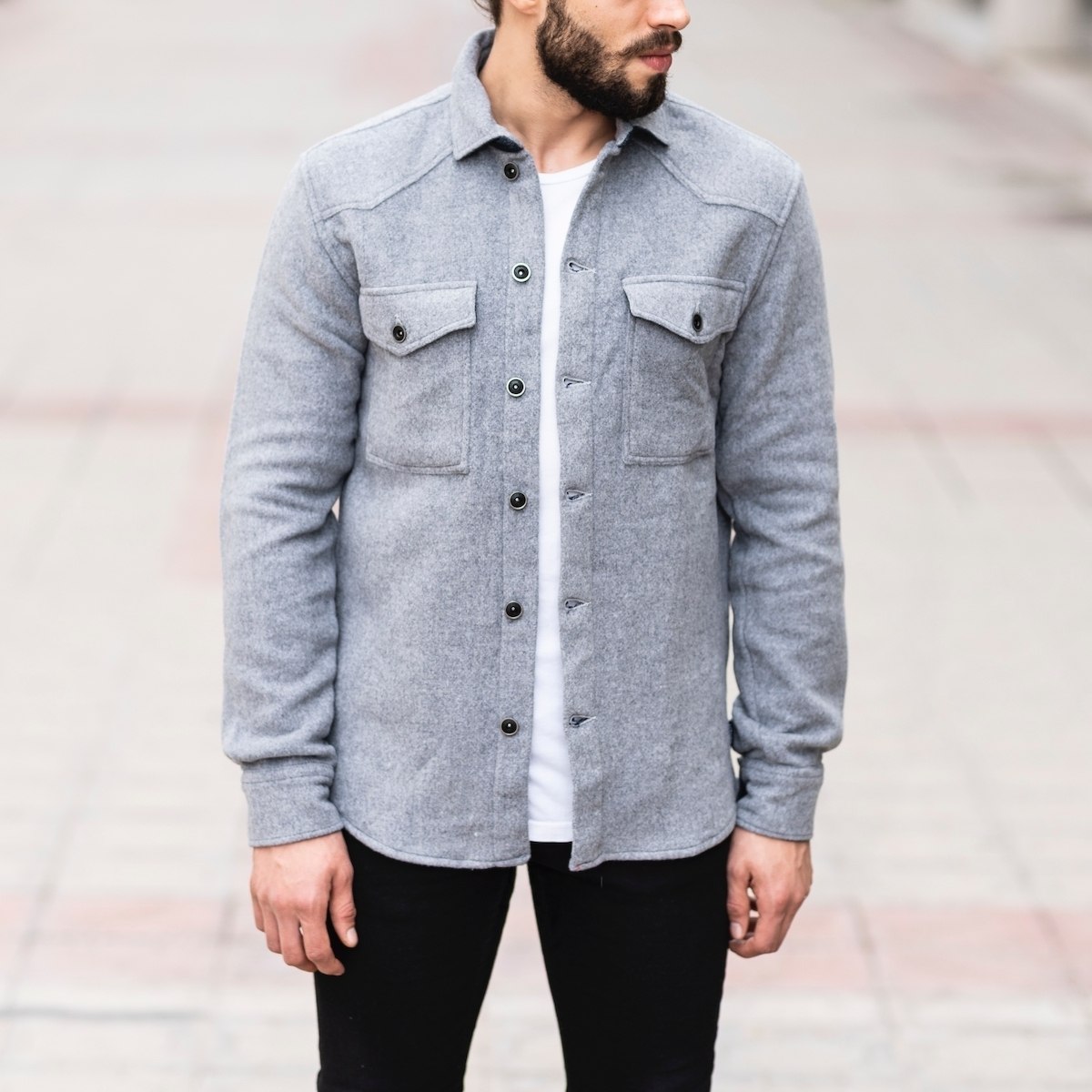 Men's Woolen Jacket-Shirt In Gray - 1