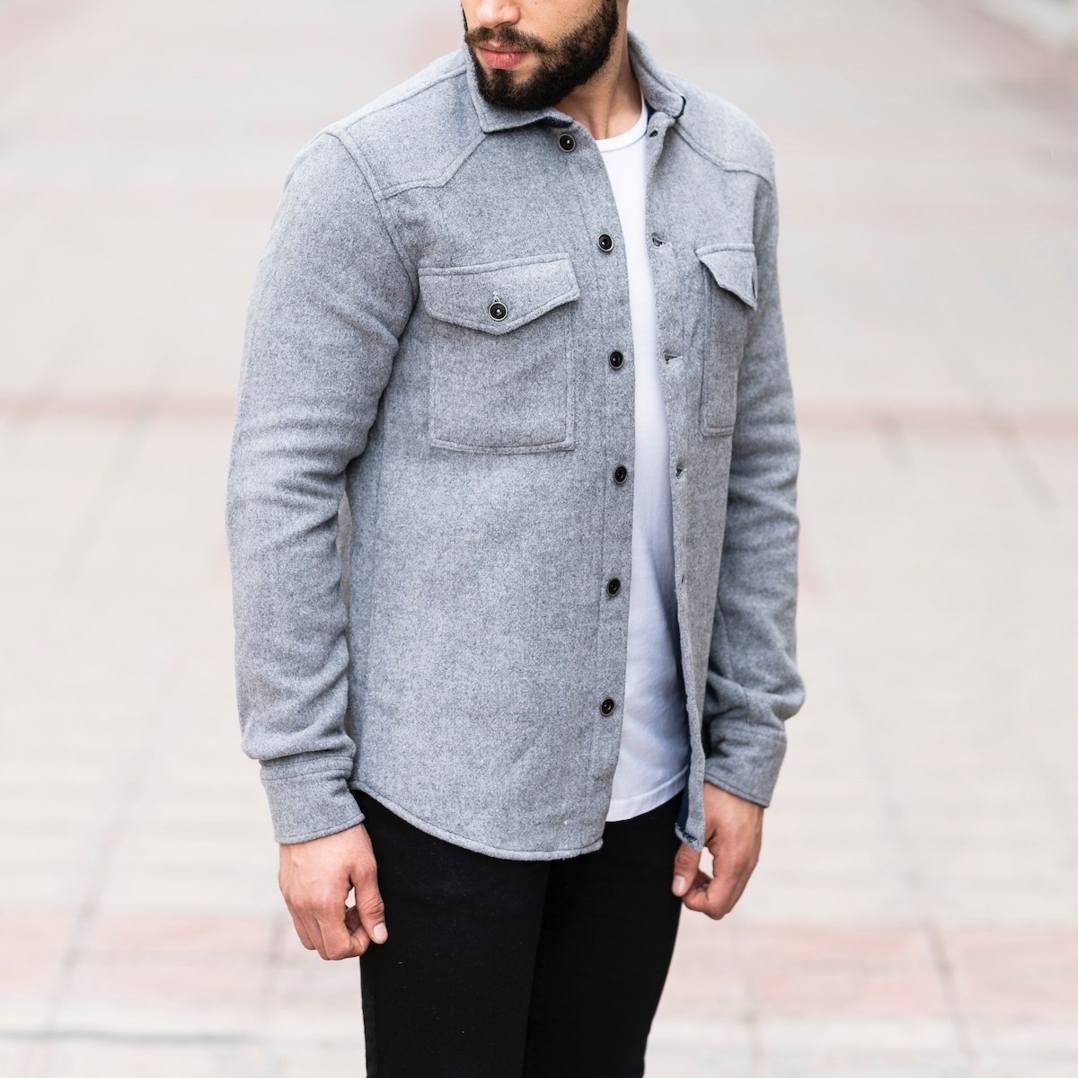Herren Hemd-Jacke aus Wolle in grau | Martin Valen