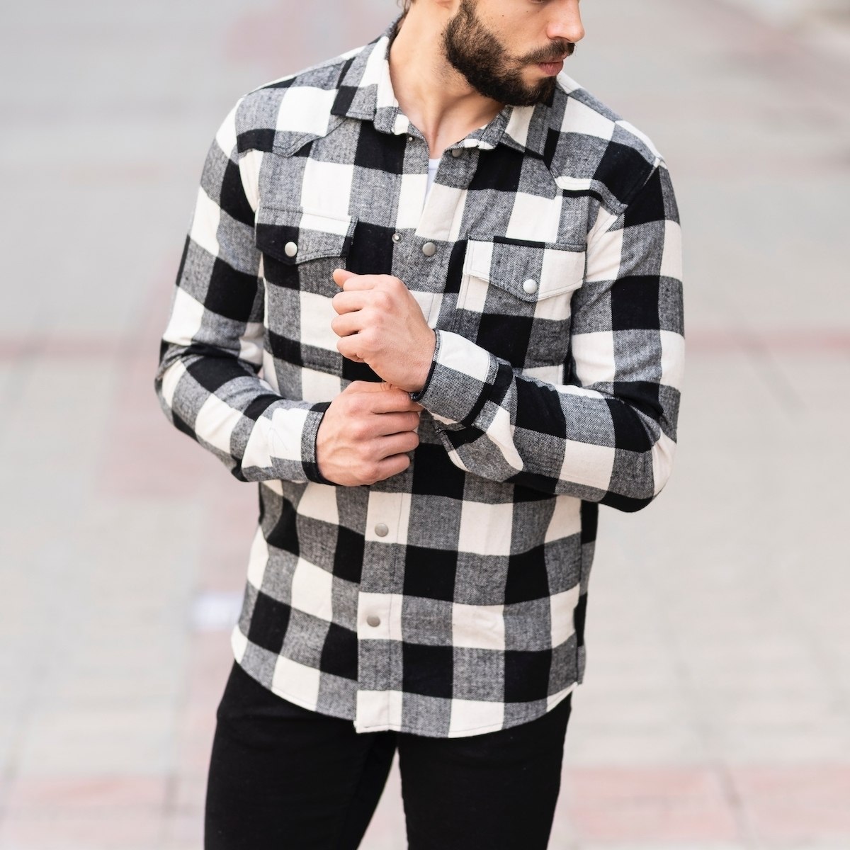 Men's Plaid Woolen Shirt In Black&White