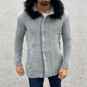 Cardigan Hoodie with Furry Hood and Worn Design in Grey