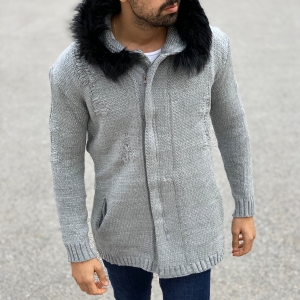 Cardigan Hoodie with Furry Hood and Worn Design in Grey - 2