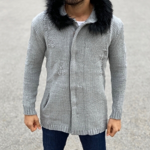 Cardigan Hoodie with Furry Hood and Worn Design in Grey - 3