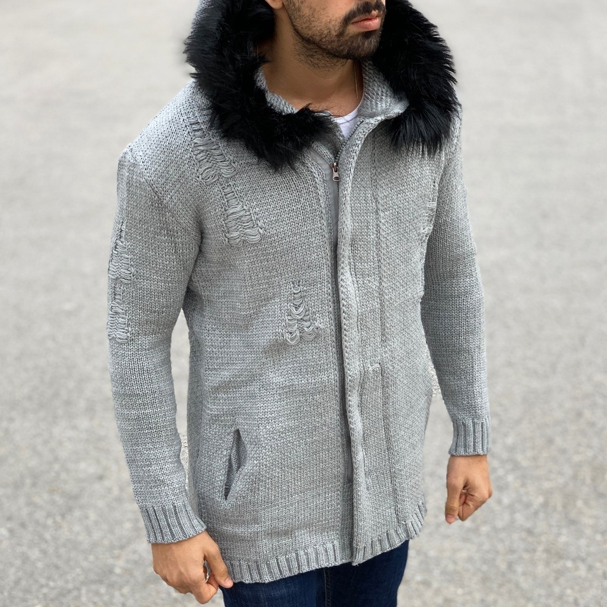 Cardigan Hoodie with Furry Hood and Worn Design in Grey - 4