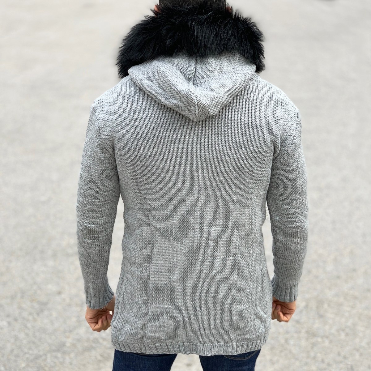 Cardigan Hoodie with Furry Hood and Worn Design in Grey