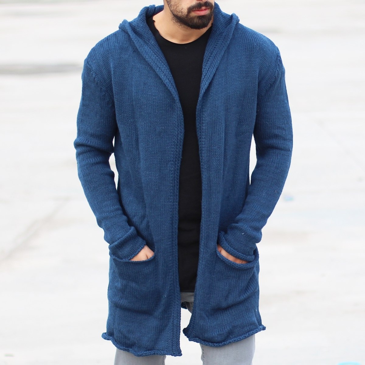 blue hooded cardigan