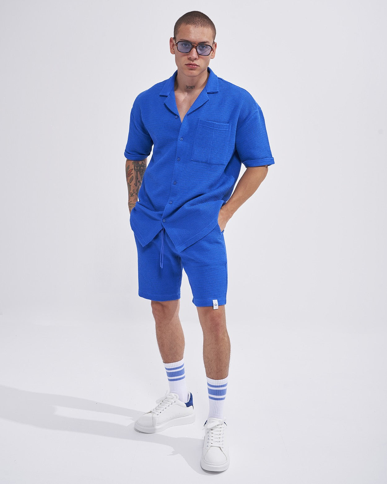 Men's Waffle Tracksuit Set with Shorts in Sax Blue | Martin Valen